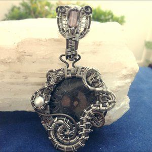 💖 Ammonite Fossil Tourmaline Pendant Wire Wrapped